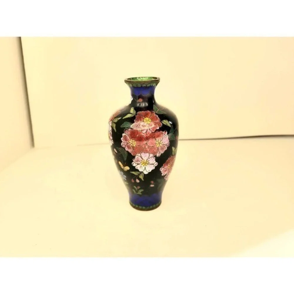 HP Antique Chinese Blue Pink Floral Chrysanthemums Butterflies‎ Cloisonné Vase